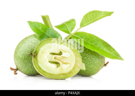 Green walnuts isolated on white background Stock Photo