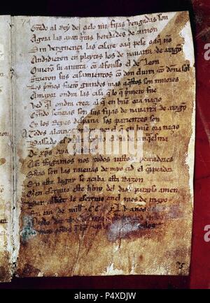 The Lay of the Cid or The Poem of the Cid. 14th century. Last  page with the name of Per Abbad, who puts the date 1207 after His name. National Library. Madrid. Spain. Stock Photo