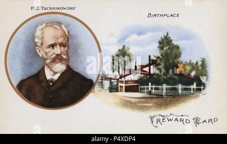 Tchaikovsky, Piotr Ilyich 1840-1893. Left portrait of him and right his birth house in Kamsko-Votinsk, Russia. Stock Photo