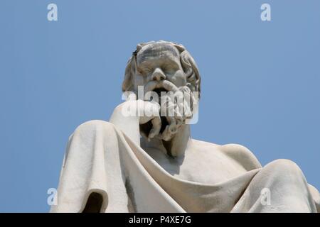 Socrates (469-399 BC). Classical Greek Philosopher.  Statue of Socrates at the Athens Academy. Athens. Central Greece. Attica. Europe. Stock Photo