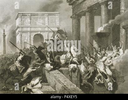 Sack of Rome by the Visigoths led by Alaric I in 410, during the reign of Emperor Honorius. Engraving. Stock Photo