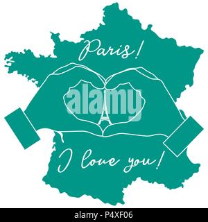 Hand making a heart shape. Tower, symbol of Paris. The inscription Paris I love you. Travel and leisure. Stock Vector