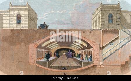 Section of a London Underground station. England. Colored engraving from 'L'Univers Illustre´.' Late nineteenth century. Stock Photo