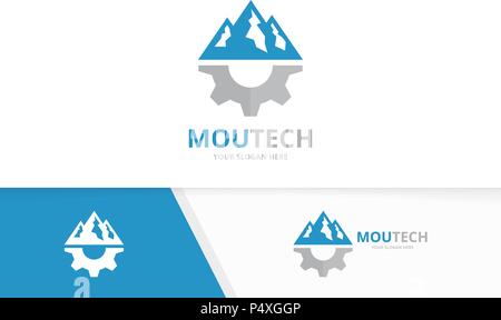 Vector mountain and gear logo combination. Nature and mechanic symbol or icon. Unique hill and industrial logotype design template. Stock Vector