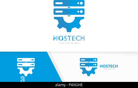 Vector host and gear logo combination. Server and mechanic symbol or icon. Unique data and industrial logotype design template. Stock Vector
