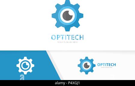 Vector eye and gear logo combination. Optic and mechanic symbol or icon. Unique vision and industrial logotype design template. Stock Vector