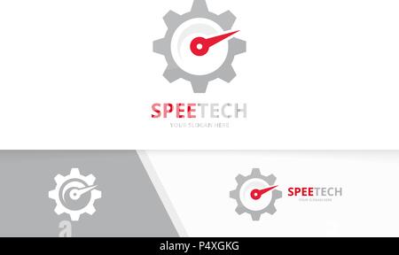 Vector speedometer and gear logo combination. Tachometer and mechanic symbol or icon. Unique speedo and industrial logotype design template. Stock Vector