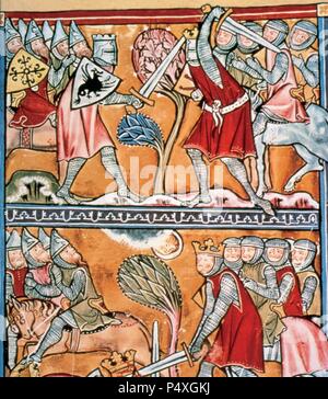 Charlemagne (742-814). King of the Franks (768-814,) the Lombards (774-814) and emperor of the Romans (800-814). Miniature. Charlemagne and paladins fighting against priests. 13th century. Stock Photo