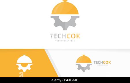 Vector dish and gear logo combination. Plate and mechanic symbol or icon. Unique kitchen and industrial logotype design template. Stock Vector