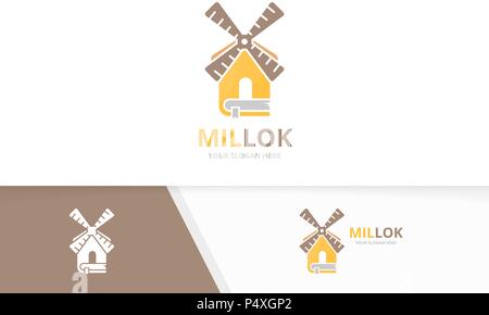Vector mill and book logo combination. Farm and library symbol or icon. Unique windmill and bookstore logotype design template. Stock Vector