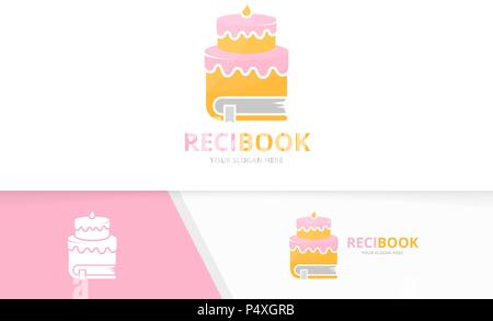 Vector cake and book logo combination. Pie and library symbol or icon. Unique cupcake and bookstore logotype design template. Stock Vector