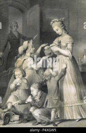 Johann Wolfgang von Goethe (1749-1832). German writer. The Sorrows of Young Werther, 1774. Engraving depicting Werther surprises Charlotte surrounded by children. Edition of 1837. Stock Photo