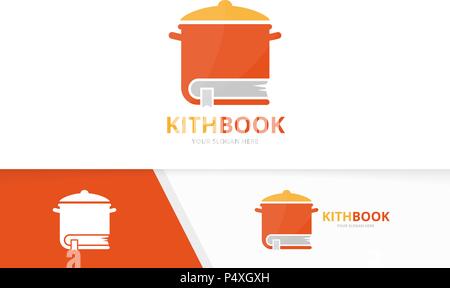 Vector pot and book logo combination. Kitchen and library symbol or icon. Unique pan and bookstore logotype design template. Stock Vector
