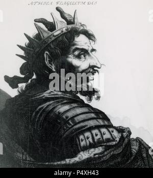 Attila (c. 385-453). Ruler of the Huns (434-453). Portrait. Engraving. Stock Photo