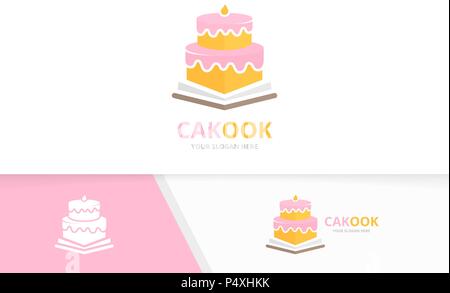 Vector cake and open book logo combination. Pie and bookstore symbol or icon. Unique cupcake and library logotype design template. Stock Vector