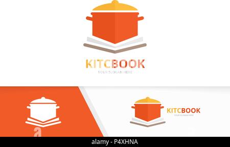 Vector pot and open book logo combination. Kitchen and bookstore symbol or icon. Unique pan and library logotype design template. Stock Vector