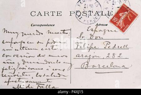 Correspondence between the Andalusian composer Manuel de Falla (1876-1946) and the Catalan composer Felipe Pedrell (1841-1922). Letter from Paris. Library of Catalonia. Barcelona, Catalonia, Spain. Stock Photo