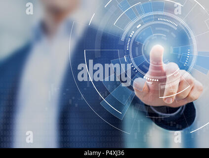 Technology abstract background with person hand touching complex circular diagram on virtual screen with copy-space, innovation, network, big data and Stock Photo