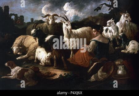 George Romney (1734-1802). English painter. Shepherdess with goats and sheep. Oil on canvas. Prado Museum. Madrid. Spain. Stock Photo