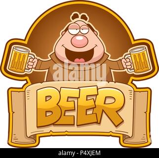 A cartoon illustration of a monk with two mugs of beer and the text beer. Stock Vector