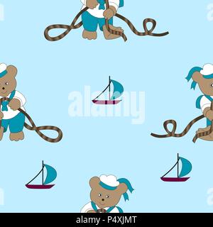 Cheerful cartoon bear sailor tying knots on a rope. Vector seamless illustration for kids. Stock Vector