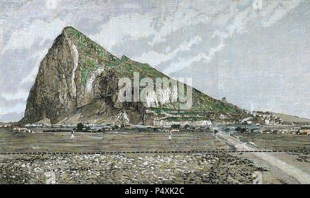 Rock of Gibraltar. Engraving by Rico, 1882. Coloured. Stock Photo