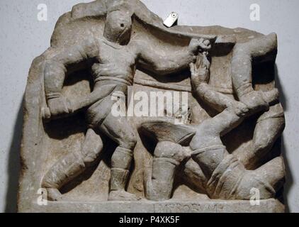 Roman art. Relief commemorating the victories of a gladiator represented in various struggles with its adversaries. 1st century B.C Found on Via Appia. Baths of Diocletian. National Roman Museum. Rome. Italy. Stock Photo