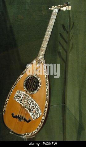 Lute of the end of XIX century decorated in ivory. Museum of Greek Folk Instruments. Athens. Greece. Stock Photo