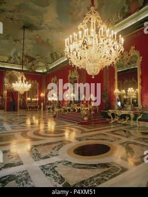 Royal Palace of La Granja de San Ildefonso. 18th century. Throne Room with royal dais flanked by four lions. Segovia province. Castilla-Leon. Spain. Stock Photo