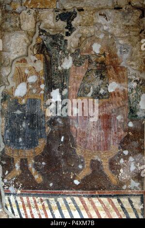 BYZANTINE ART. REPUBLIC OF ALBANIA. Frescoes in Lekuresi Castle. Saranda. Stock Photo