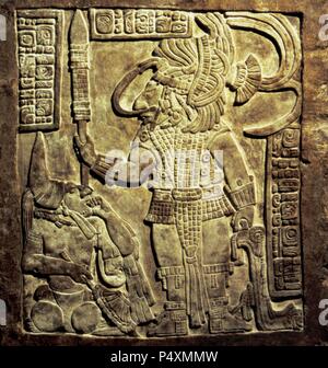 Pre-Columbian art. Central America. Maya. Lintel 16 from Yaxchilan, Late Classic Maya. 8th century. Lord Bird Jaguar IV with a captive. British Museum, London. Stock Photo