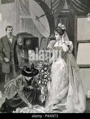 Society. Late nineteenth century. Bride during a photo session. Engraving. 1895. Stock Photo