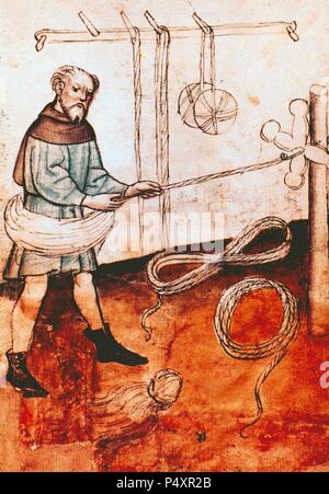 Medieval Spinning Wool Rack Spinner, spinning wheel, Middle Ages Easter Market, Ronneburg, Hesse ...