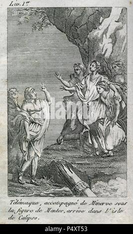 Francois Fenelon (1651-1715). French archbishop, theologian and writer. The Adventures of Telemachus, 1699. Engraving depicting Telemachus with MInerva arrives on the island of Calypso. Book One. Prince Edition. Episcopal Library of Barcelona. Spain. Stock Photo