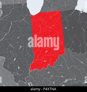 U.S. states - map of Indiana. Hand made. Rivers and lakes are shown. Please look at my other images of cartographic series - they are all very detaile Stock Vector