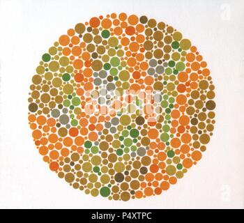 The Ishihara Color Test. Color perception test for red-green color deficiencies. Ishihara Plate No. 4 (73). Stock Photo