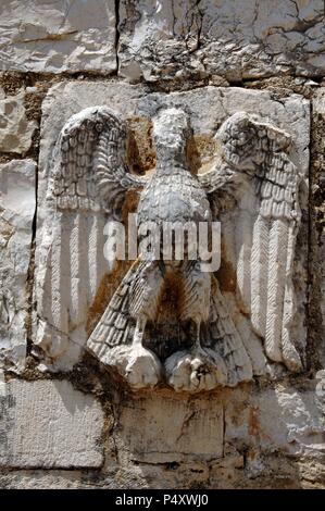 BYZANTINE ART. REPUBLIC OF ALBANIA. St. Nicholas Church, built in the XIII and remodeled in the eighteenth and nineteenth centuries. Relief with an eagle. Mesopotam. Stock Photo