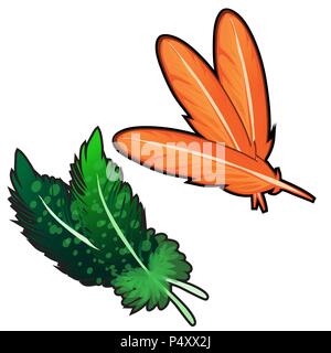 Set of colorful bird feathers isolated on white background. Vector cartoon close-up illustration. Stock Vector