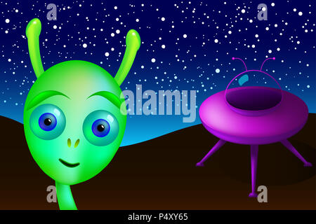 Little green alien with purple saucer visits Earth. Green man from Mars landed in the desert, undiscovered, under night sky and bright stars. UFO. Stock Photo