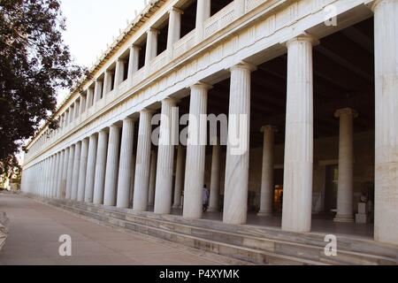 Greek Art. The Stoa of Attalos (Atallus). It was built by and named after King Attalos II of Pergamon who ruled between 159 BC and 138 BC. In the years 1953-1956 the Stoa was reconstructed. Ancient Agora from Athens. Central Greece. Attica. Europe. Stock Photo