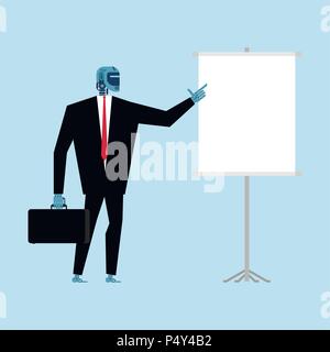 Robot Businessman making presentation Template. Cyborg and Clean Roll-up. office Artificial Intelligence. Vector illustration Stock Vector