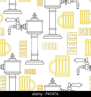 Bar backdrop.  Beer tap and mug pattern seamless. Bartender equipment background. Alcohol is bottled. Vector illustration Stock Vector