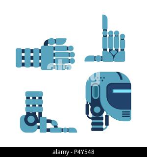 Cyborg set of body parts. Robot head and hand. Leg Artificial intelligence. Vector illustration Stock Vector