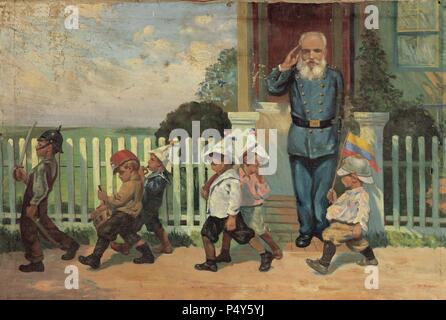 Eloy Alfaro Delgado (1842-1912). Ecuatorian political and military. President of the Republic. Alfaro's inspect at children marching like soldiers. Museum Eloy Alfaro Military School. Quito. Ecuador. Stock Photo