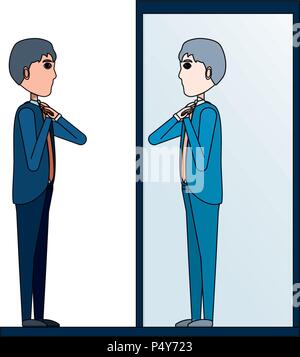 Cartoon Businessman looking himself in the mirror over white background, vector illustration Stock Vector