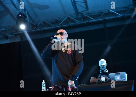 Naples, Italy. 23rd June, 2018. Gue Pequeno an Italian rapper and songwriter, performs live in concert at Arenile Reload in Napoli during his tour Gentleman tour 2018 summer edition. Credit: Paola Visone/Pacific Press/Alamy Live News Stock Photo