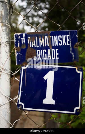 II Dalmatinske Brigade & No. 1 property number signs, Villa Galeb, holiday home of Yugoslaiva FSR President Josip Broz Tito at Herceg Novi, Montenegro Stock Photo