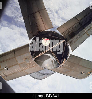 The expended Saturn IVB stage as photographed from the Apollo 7 spacecraft during transposition and docking maneuvers. This photograph was taken during Apollo 7's second revolution of Earth. Stock Photo