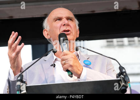People's Vote march London, UK, 23rd June 2018. - Vince Cable leader of the Liberal Democrats speaks to the crowd at the People's Vote march gathered in Parliament Square, London to demand a second vote on the final Brexit deal - Steven May /Alamy Live News Stock Photo