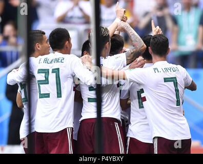 Rostov On Don. 23rd June, 2018. Players of Mexico celebrate scoring during the 2018 FIFA World Cup Group F match between South Korea and Mexico in Rostov-on-Don, Russia, June 23, 2018. Credit: Chen Yichen/Xinhua/Alamy Live News Stock Photo